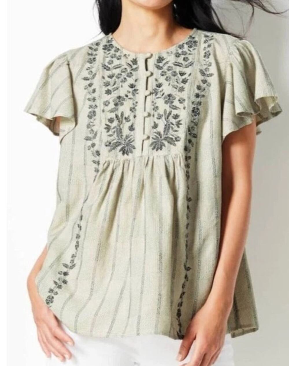 J.Jill babydoll striped black floral embroidery button-front peasant top Med